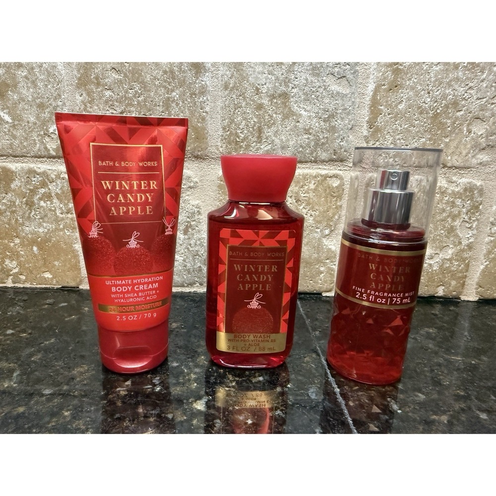 Bath & Body Works Winter Candy Apple Travel Cream Lotion & Mist & Shower Gel Red